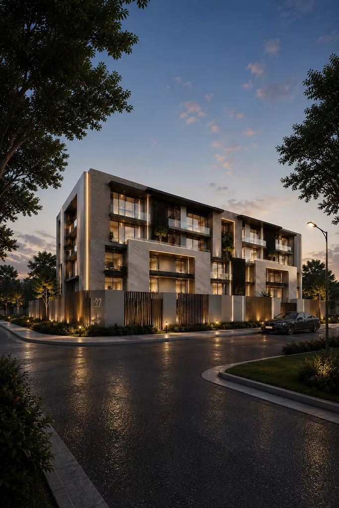 VLPL Floors villa-style low-rise residences exterior at dusk